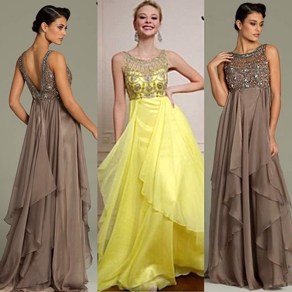 🌟 JOVANI 🌟 NWT Long Flowy Yellow Formal Evening Gown Crystal Rhinestone Beads
